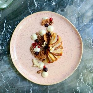 QUINCE AND APPLE TATIN WITH CHESTNUT CREAM AND REDCURRANT at Cafe Forty One in West London