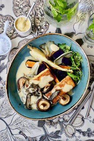 TRUFFLE POLENTA AND WILD MUSHROOMS IN DIJON SAUCE WITH ROASTED WINTER VEGETABLES at Cafe Forty One in West London