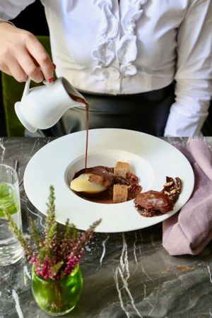 POIRE BELLE-HELENE WITH PECAN PRALINÉ at Cafe Forty One in West London