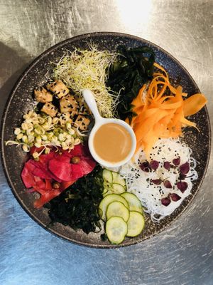 Cafe Forty One Japanese Bowl - Noodles, seaweed, smoked tofu, carrot, pickled cucumber, spring onion, sprouts, sesame, shiso at Cafe Forty One in West London