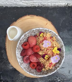 Vegan Crumble - Seasonal fruit, almond, vanilla, 
custard, raspberry at Cafe Forty One in West London