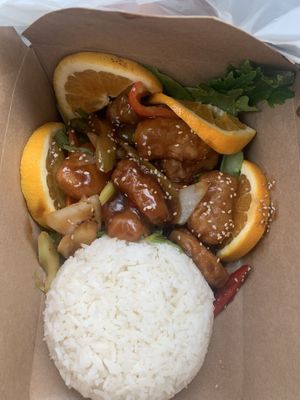 Orange chicken  at TNK Vegan Cafe in Modesto