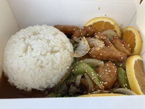 Orange Chicken (without bell pepper per my preference) at TNK Vegan Cafe in Modesto