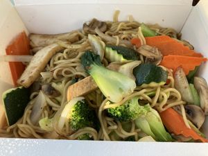 Happy Veggie Chow Mein - tasty but oily at TNK Vegan Cafe in Modesto