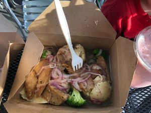 “Chicken” (seitan) and mashed potatoes with gravy  at TNK Vegan Cafe in Modesto