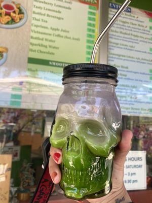 Avocado Smoothie on a Warm Day in Skully Glassware - BYOC Attempt 1  at TNK Vegan Cafe in Modesto