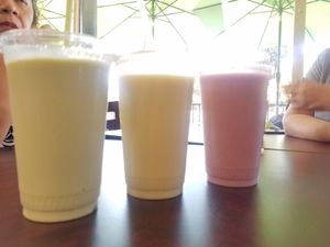 Smoothies: avocado, mango, and strawberry at TNK Vegan Cafe in Modesto