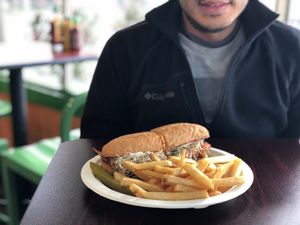 BBQ chickn sandwich with fries at TNK Vegan Cafe in Modesto