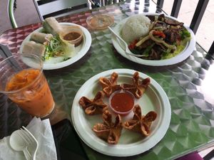 Thai iced tea, (3/6) fresh spring rolls, cream cheese puffs, and Mongolian beef at TNK Vegan Cafe in Modesto