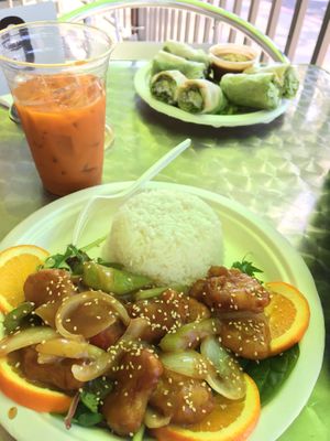 Orange chicken, Thai tea, and fresh spring rolls at TNK Vegan Cafe in Modesto