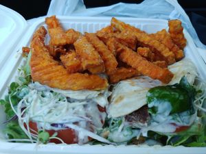 $12.00: Beef Paratha sandwich and sweet potato fries Yum at TNK Vegan Cafe in Modesto