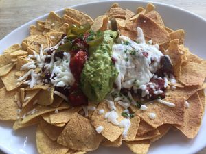 Vegan nachos, including vegan cheese. Listed as a starter but def a main size at The Lakeside Brasserie in Cirencester