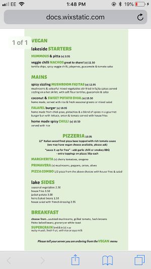 Vegan menu (as of summer 2018) at The Lakeside Brasserie in Cirencester