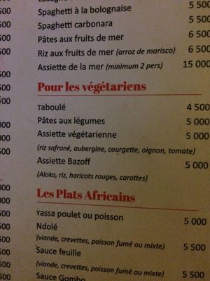 Veg options on menu at Le Bazoff in Dakar