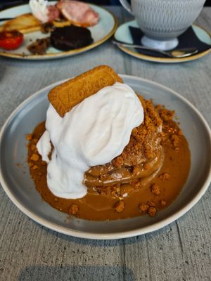 Vegan lotus biscoff pancakes with dairy free cream at The Cove in Gourock