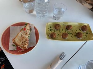 Vegan sandwich and Mushroom "croquetas at Takuara in Badalona