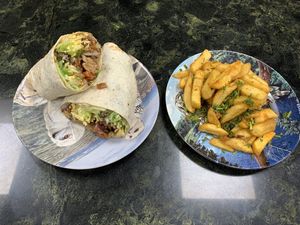 Freshly made wraps and fries  at Sowl Fuud in Gloucester
