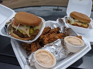 Fried portobello fries, vegan chicken and vegan jalapeno burger. at Cool Al's in Jackson