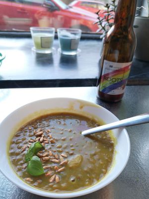 Potato and lentil soup with a side of kombucha :) at Earth Cafe in Gothenburg