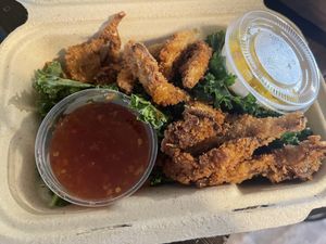 seasonal coconut “shrimp” this here, is top tier.  at Greens and Grains in Shrewsbury