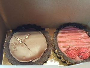Chocolate and caramel pie and chocolate and raspberry pie at Bonbon Collections in Montreal