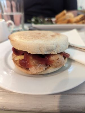 Vegan bacon and sausage muffin at Sprokwobbles in Usk