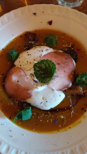 Soup with vegan cream at Harmonika in Dinan