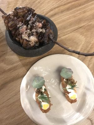 Paperbark mushrooms, finger lime, macadamia cream. Parsnips, aioli, capers at Paperbark in Waterloo