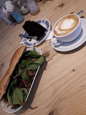 Aubergine and spicy Tahini slaw baguette and vegan chocolate cake at The Cottage Kitchen in St Andrews