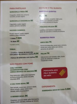 Menu at O Burrito in Coimbra
