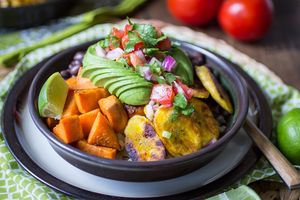 Vegan Cuban Bowl - Black beans, rice, plantains, sweet potatoes, avocado with pico de gallo at Green Apron Cafe in Naples