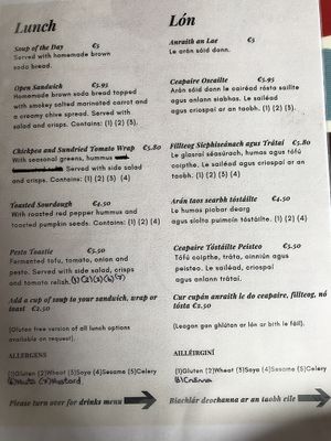 Lunch menu at Bláth na Gréine in Inis Oirr