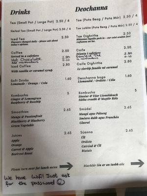 Drinks menu at Bláth na Gréine in Inis Oirr