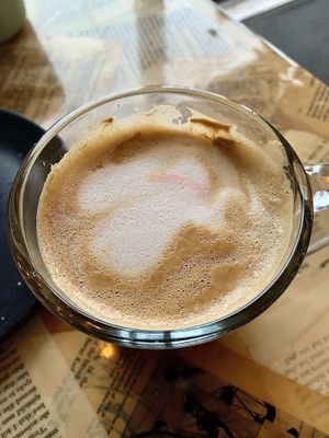 Oat milk coconut cherry latte  at NovelTea Coffeehouse & Bakery in Truro