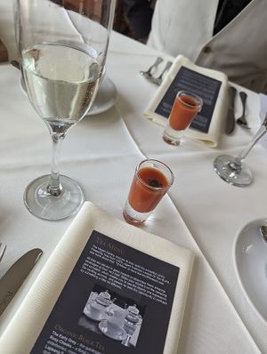 An amuse bouch of gazpacho soup at The Vegan Cakery in Leicester