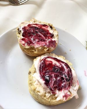 Vegan afternoon tea: fruit scones with olive spread, coconut cream and preserve at The Vegan Cakery in Leicester