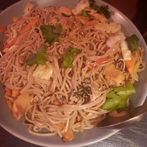 Fried noodles with "chicken" at Kansha in Munich