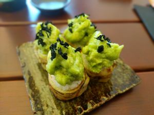 2 dishes of Avocado and Eggplant rice cake at Kansha in Munich