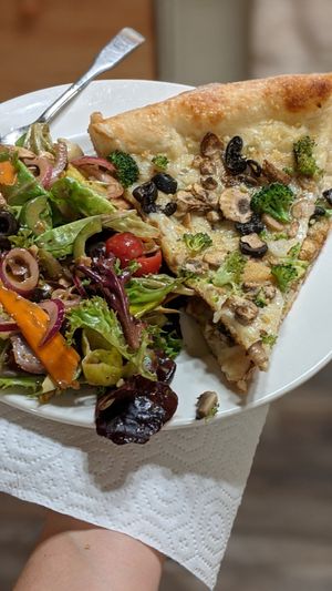 Veggies salad with northern lights pizza at North Fork Pizza in Columbia Falls