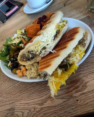 Vegan haggis and cheese panini with amazing side salad at Glaisnock Café and Guest House in Wigtown