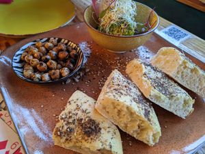 Veganized mezze: delicious pea 'guacamole' and chickpeas that somehow taste like BBQ chicken at Mic Moc in Tarifa
