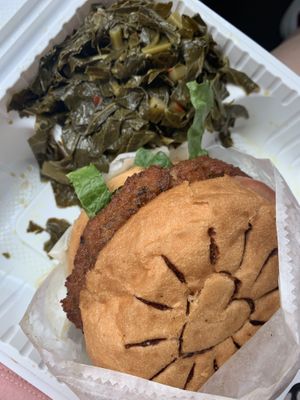 Crab cake sandwich and collards😇 at NuVegan in Richmond