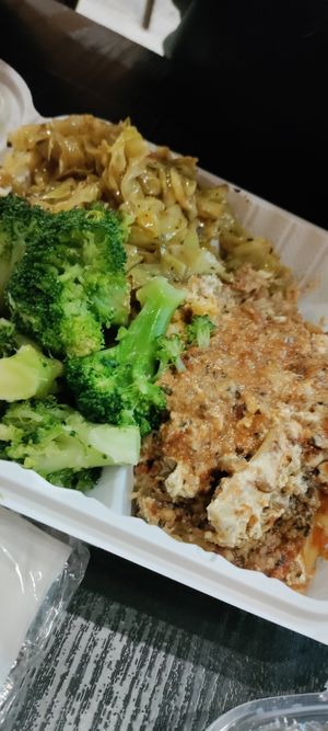 Lasagna, broccoli and cabbage at NuVegan in Richmond
