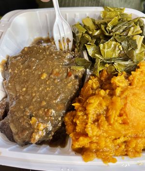 Main+2 sides: steak, green collards, yams   at NuVegan in Richmond