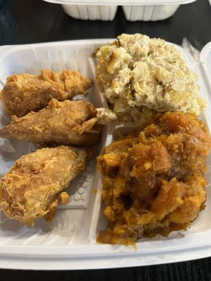 Fried “chicken”, sweet potatoes and MAC N CHEESE.  at NuVegan in Richmond