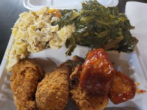 Fried & teriyaki drummies, mac and cheese and kale at NuVegan in Richmond