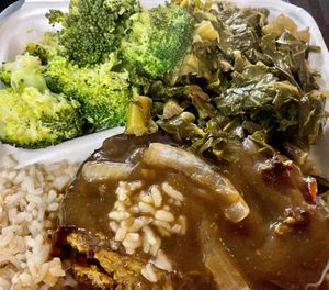 Salisbury steak (made with/TVP) over rice w/gravy, collards and broccoli    at NuVegan in Richmond