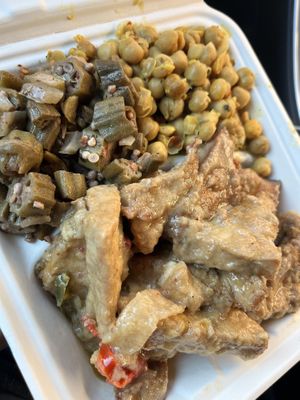 Entree (Ginger Spiced Tofu - no rice) with two sides (Okra & Tomatoes, Savory Beans)  at NuVegan in Richmond