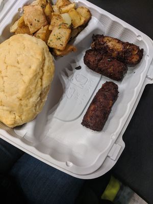 Biscuit, sausage, potatoes at NuVegan in Richmond