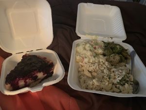blueberry cheesecake, tuna Mac, Brussels, potato salad.... I’m STUFFED y’all🤤 at NuVegan in Richmond